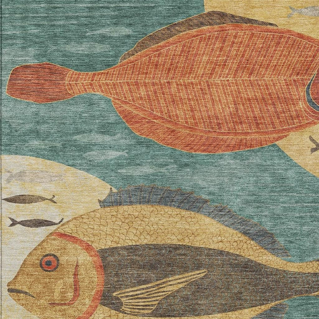 5' X 8' Teal Blue And Gold Tropical Fish Washable Indoor Outdoor Area Rug - Sports & Outdoor