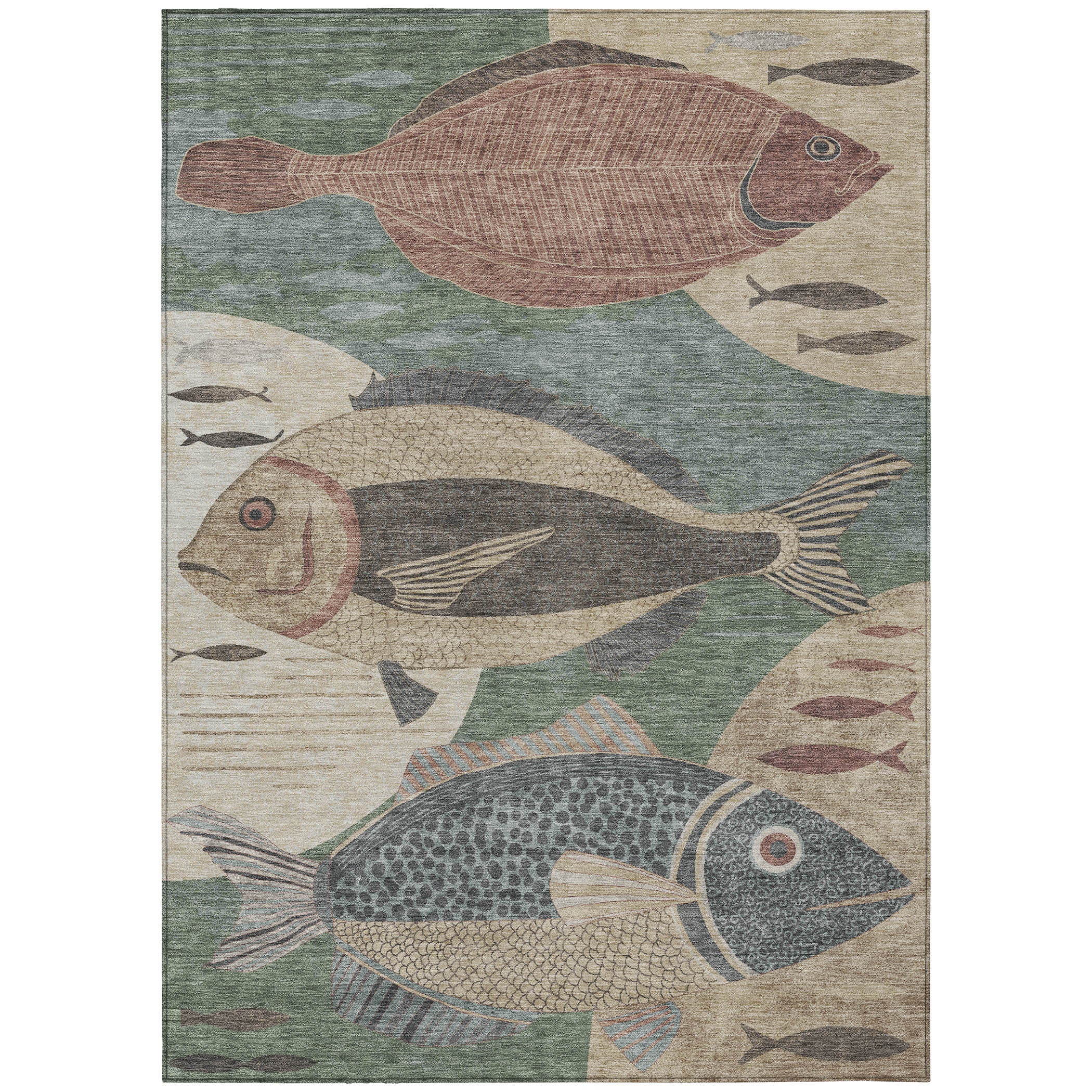 10' X 14' Green And Beige Tropical Fish Washable Indoor Outdoor Area Rug - Sports & Outdoor