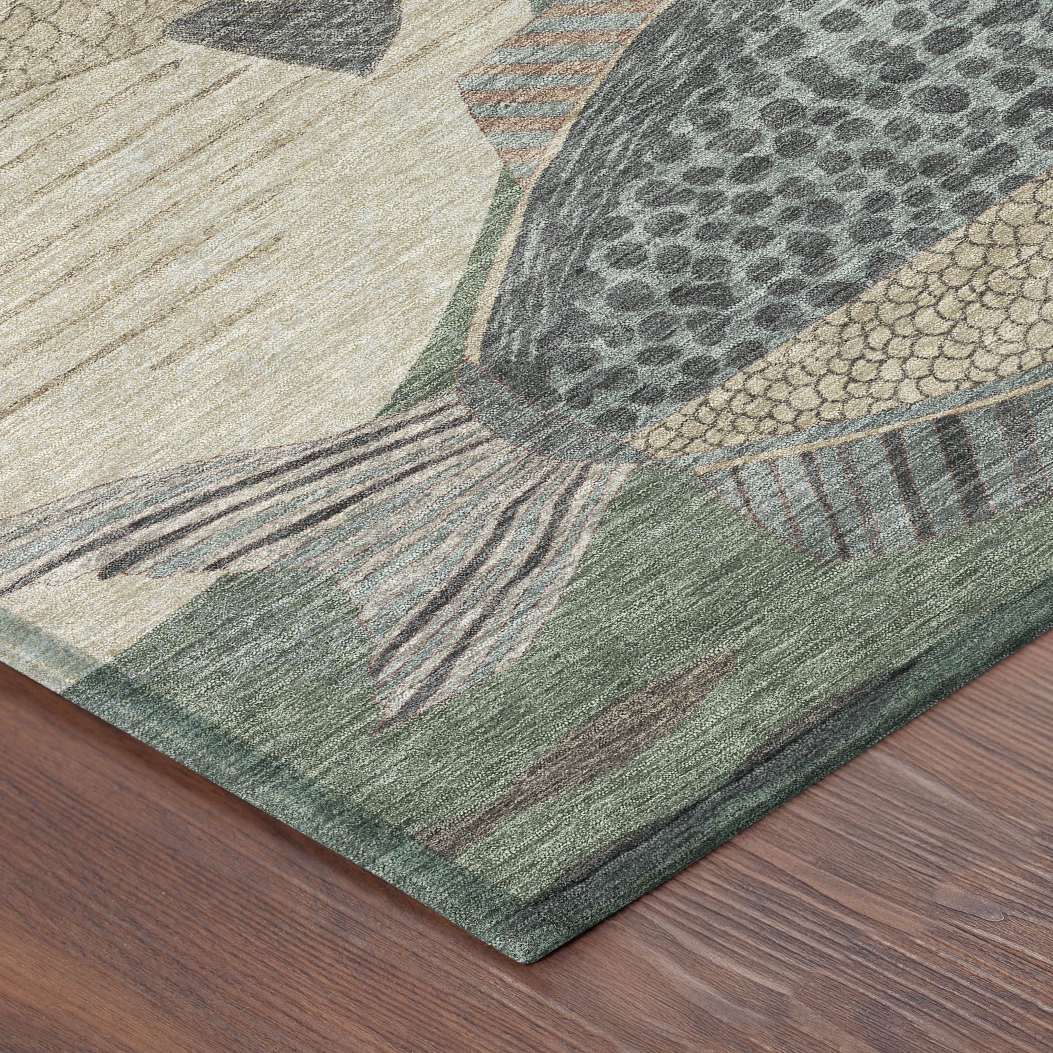 10' X 14' Green And Beige Tropical Fish Washable Indoor Outdoor Area Rug - Sports & Outdoor