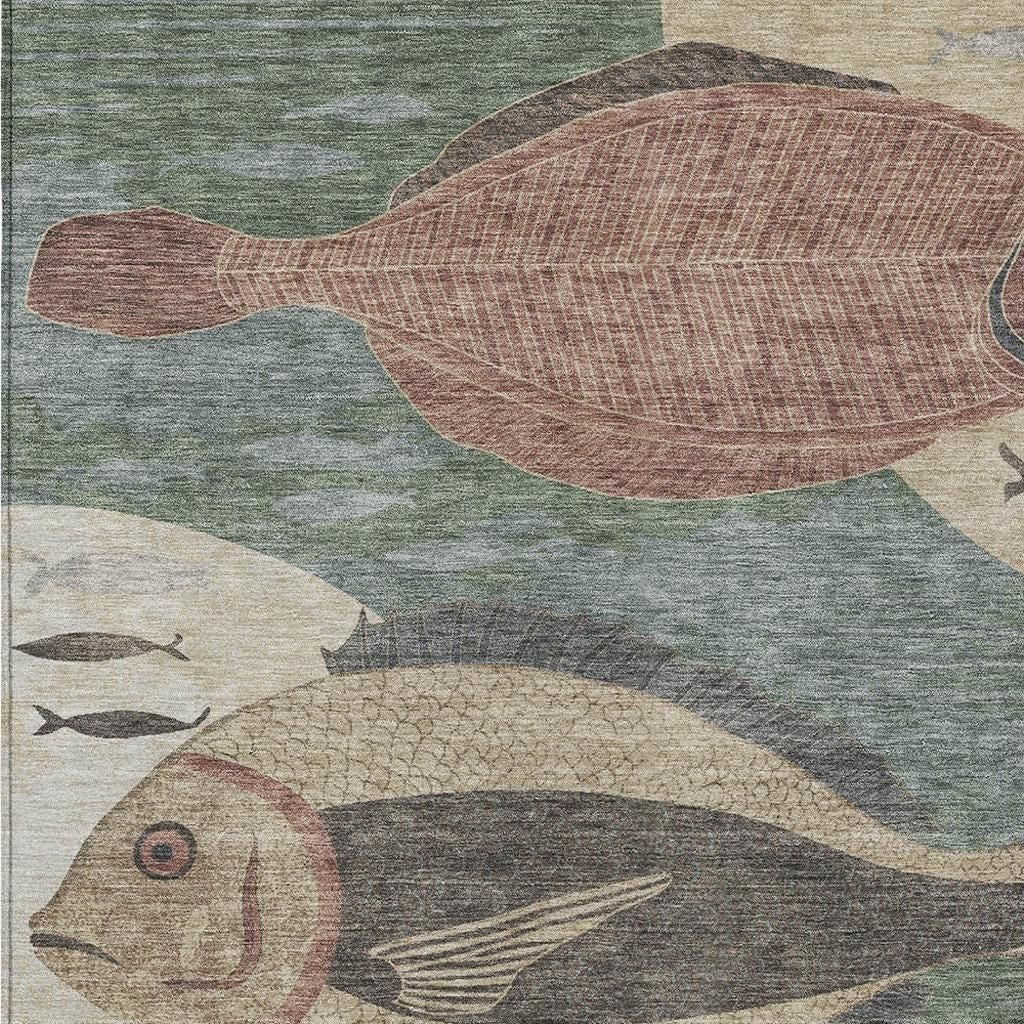 10' X 14' Green And Beige Tropical Fish Washable Indoor Outdoor Area Rug - Sports & Outdoor