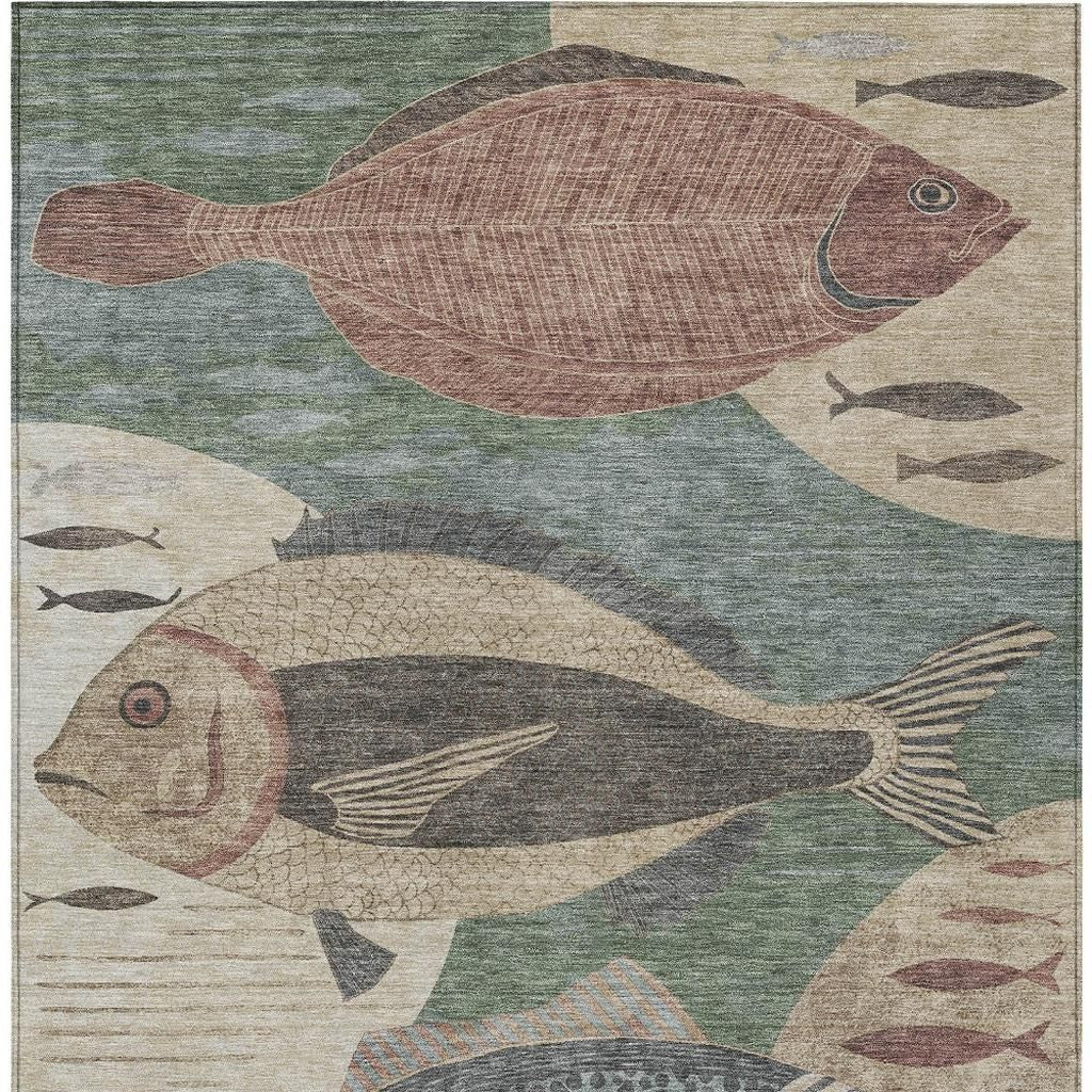 10' X 14' Green And Beige Tropical Fish Washable Indoor Outdoor Area Rug - Sports & Outdoor