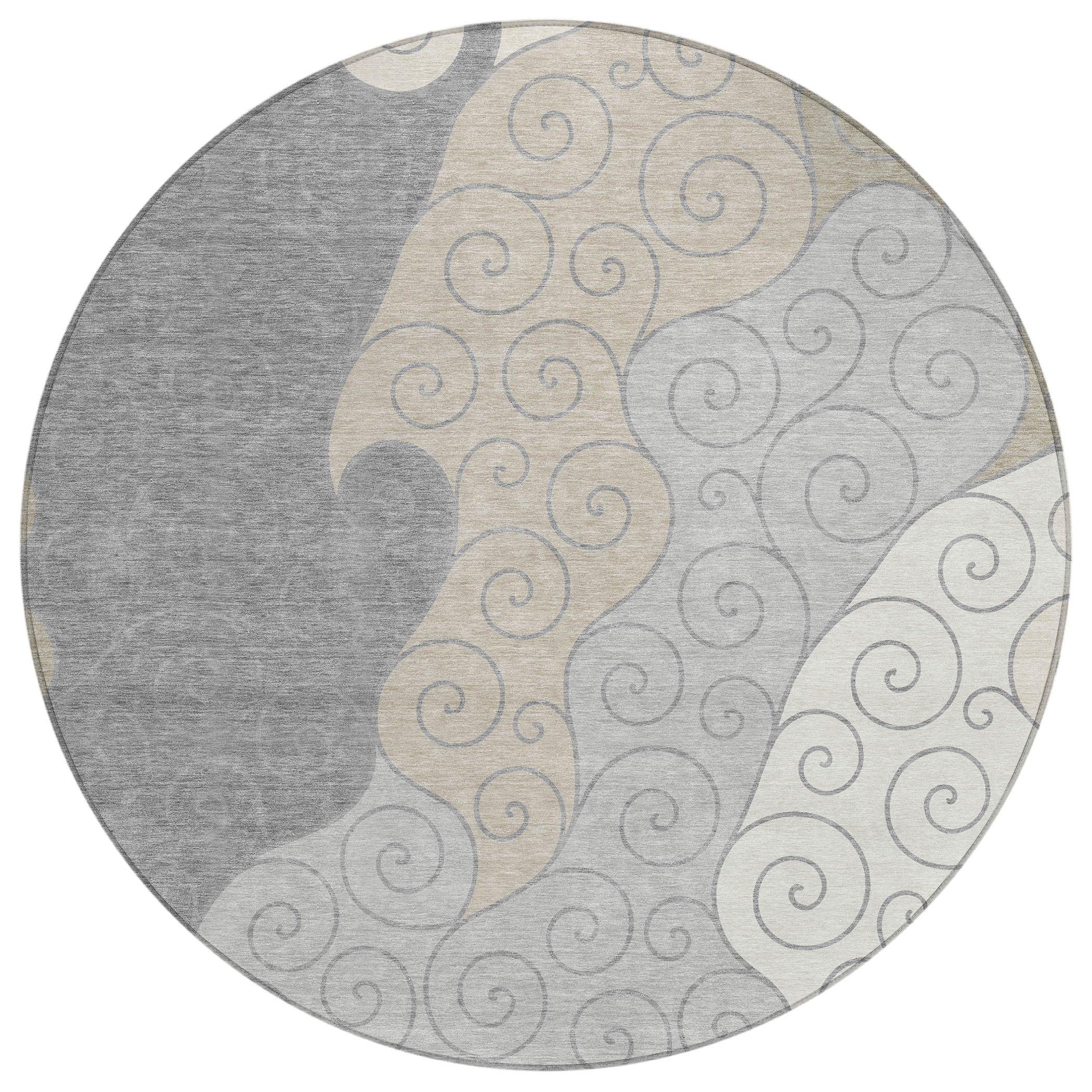 8' Silver And Beige Round Abstract Washable Indoor Outdoor Area Rug - Sports & Outdoor