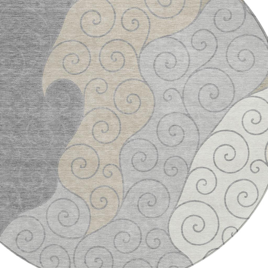8' Silver And Beige Round Abstract Washable Indoor Outdoor Area Rug - Sports & Outdoor