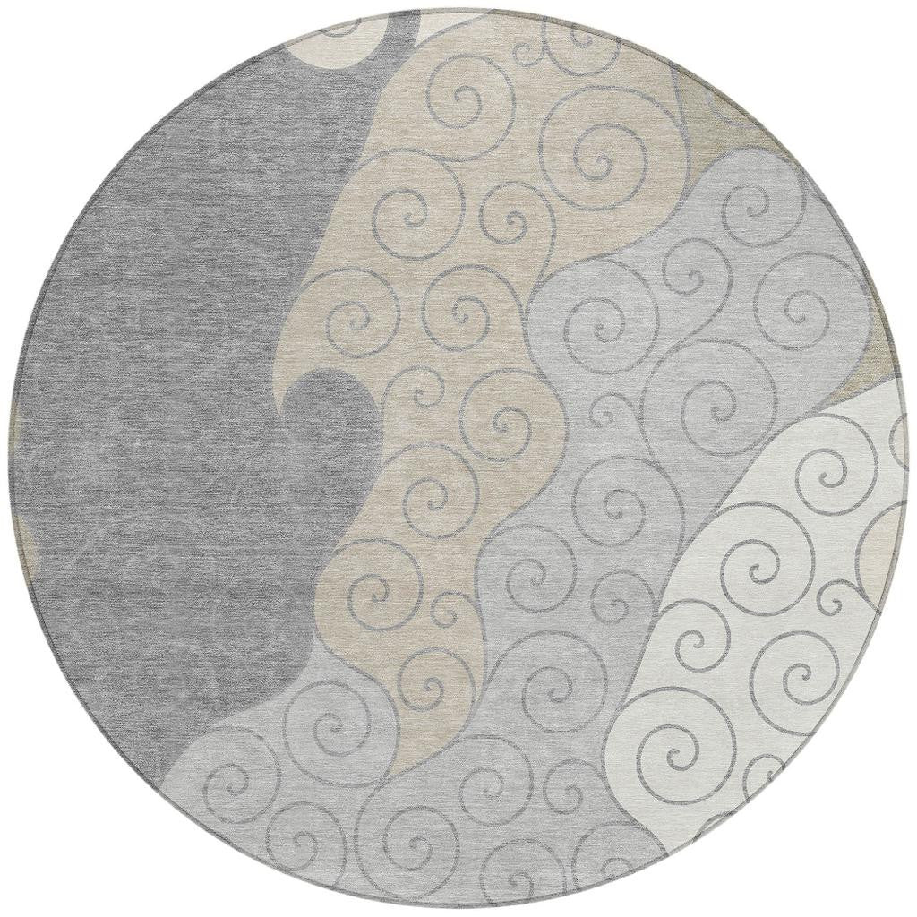 8' Silver And Beige Round Abstract Washable Indoor Outdoor Area Rug - Sports & Outdoor