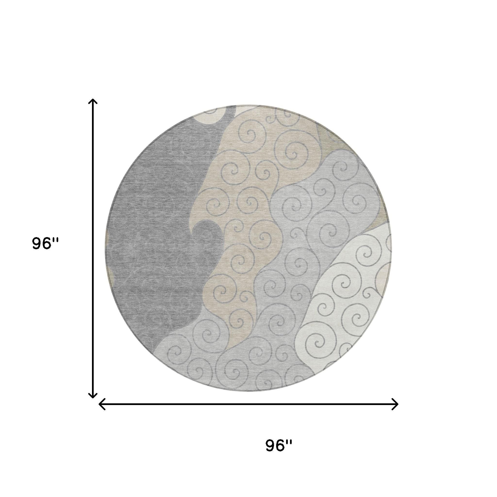 8' Silver And Beige Round Abstract Washable Indoor Outdoor Area Rug - Sports & Outdoor