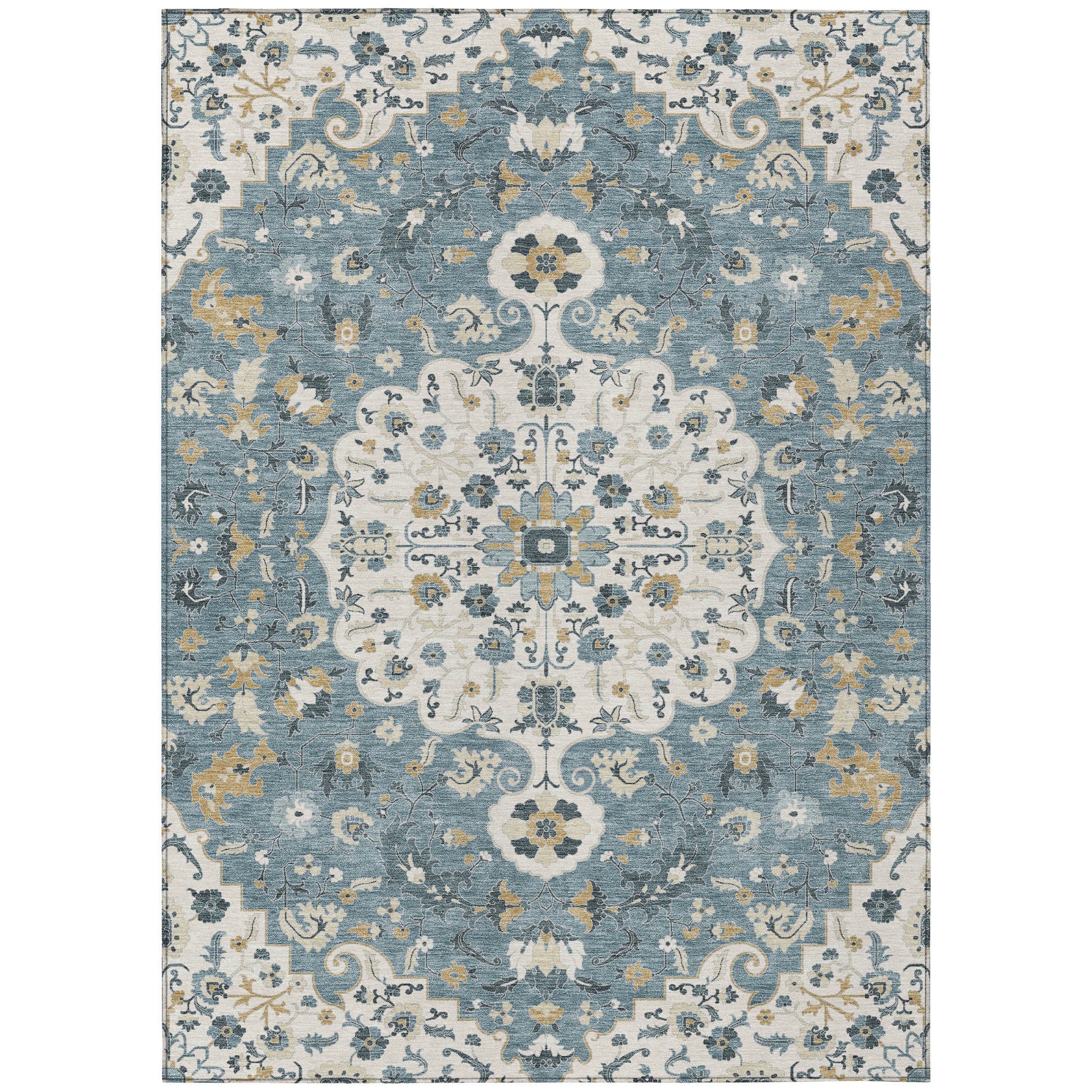 10' X 14' Ivory And Denim Blue Floral Medallion Washable Indoor Outdoor Area Rug - Sports & Outdoor