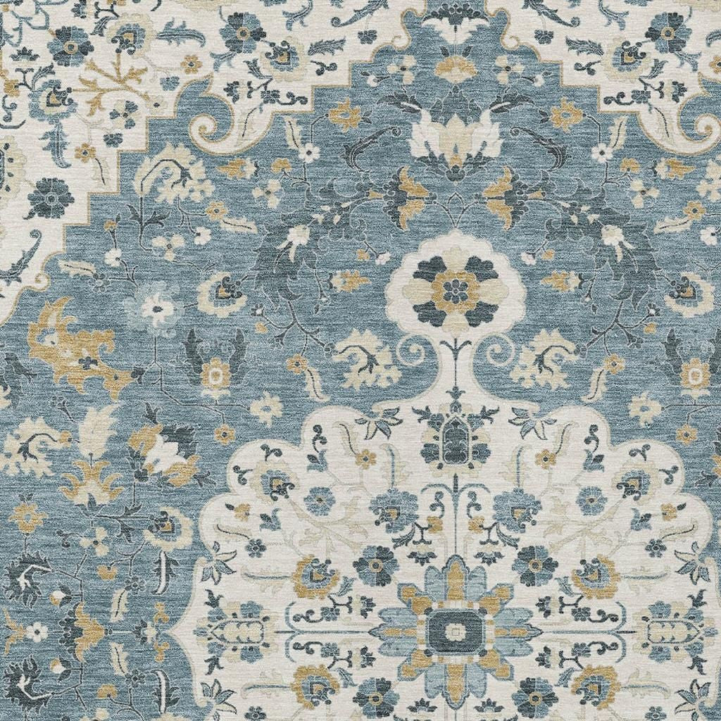 10' X 14' Ivory And Denim Blue Floral Medallion Washable Indoor Outdoor Area Rug - Sports & Outdoor
