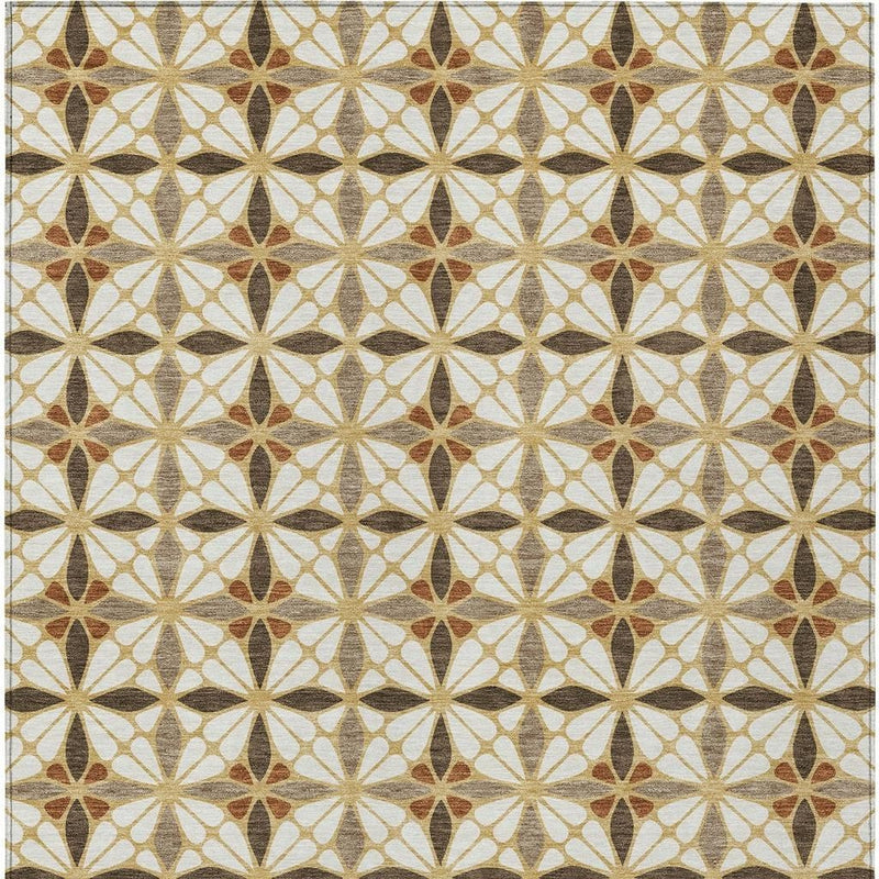 Geometric area rug with symmetrical starburst pattern in cream, tan, and dark brown