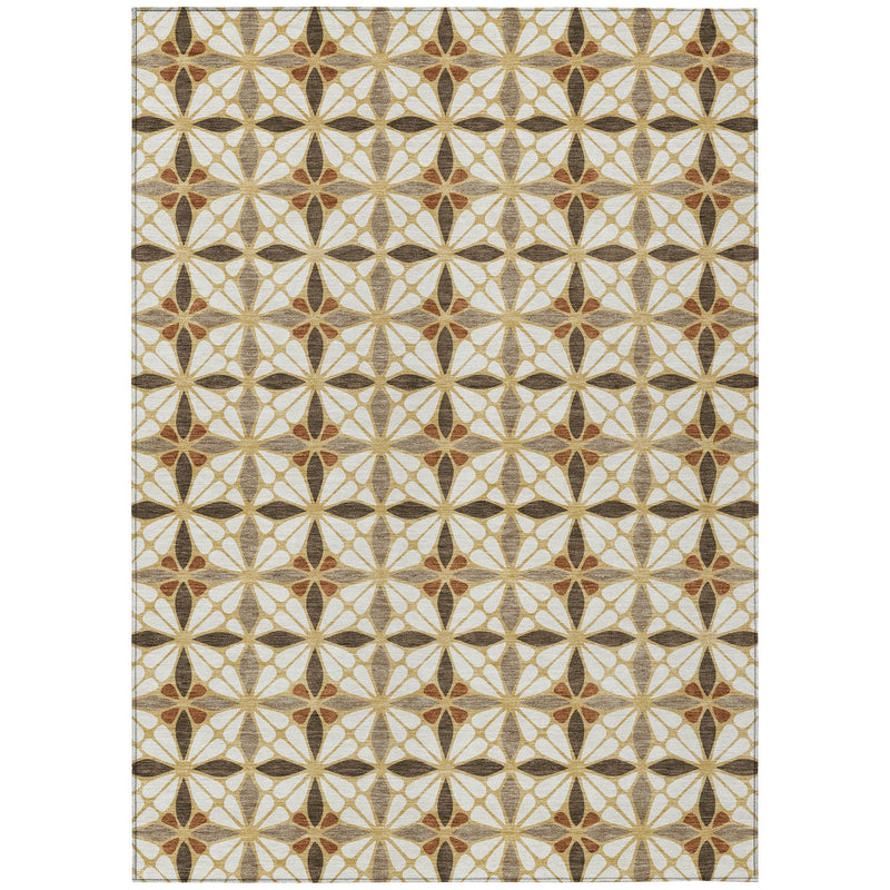 Geometric area rug featuring repeating starburst motif in gold, brown, and cream