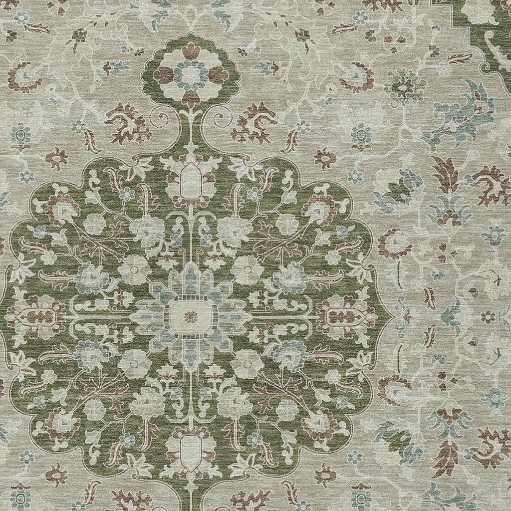 3' X 5' Olive Green And Sage Floral Medallion Washable Indoor Outdoor Area Rug - Sports & Outdoor