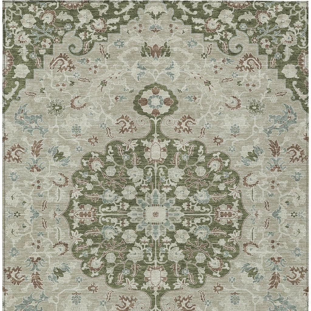 3' X 5' Olive Green And Sage Floral Medallion Washable Indoor Outdoor Area Rug - Sports & Outdoor