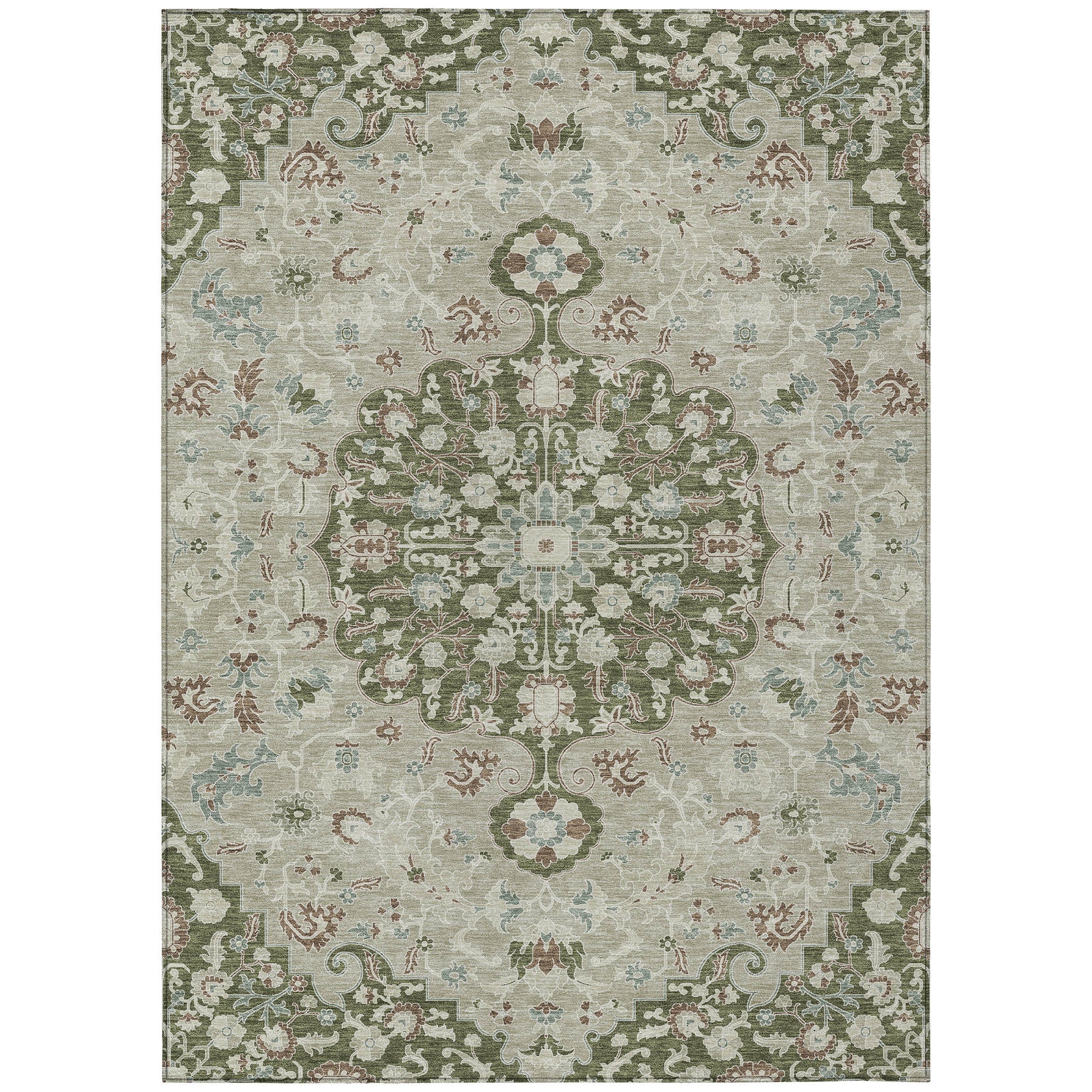 3' X 5' Olive Green And Sage Floral Medallion Washable Indoor Outdoor Area Rug - Sports & Outdoor