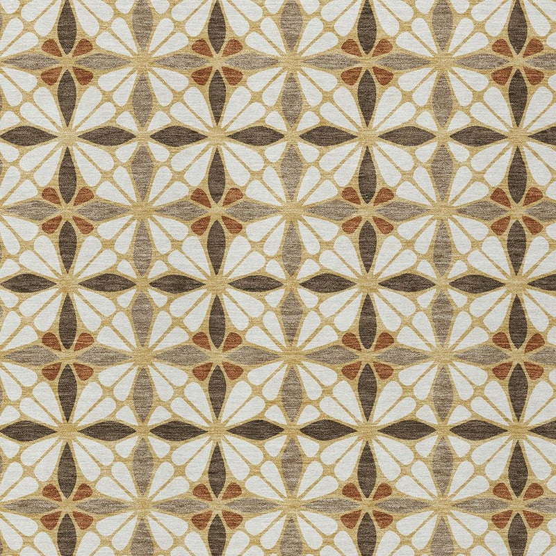 Geometric area rug pattern with cream base and repeating gold, brown, and charcoal medallions