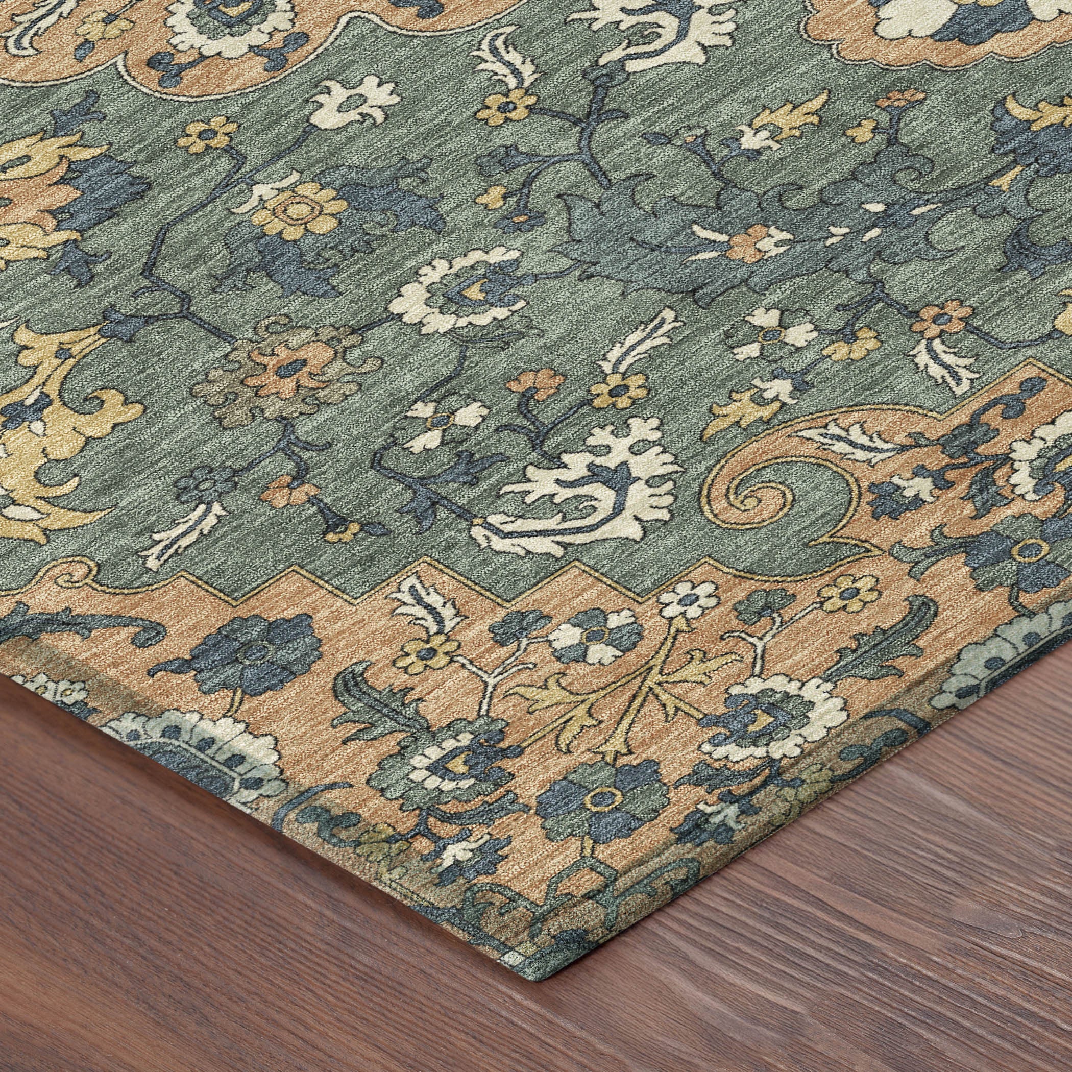 5' X 8' Copper And Sage Floral Medallion Washable Indoor Outdoor Area Rug - Sports & Outdoor