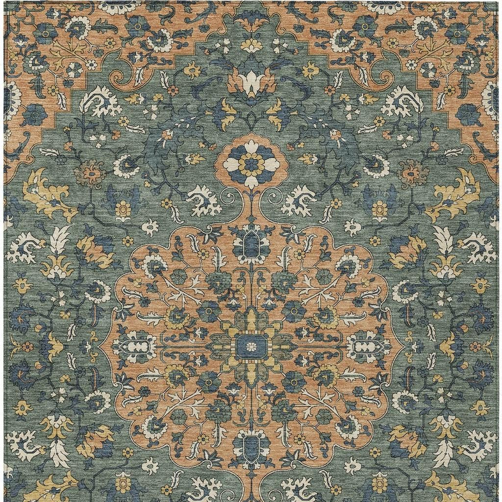 5' X 8' Copper And Sage Floral Medallion Washable Indoor Outdoor Area Rug - Sports & Outdoor