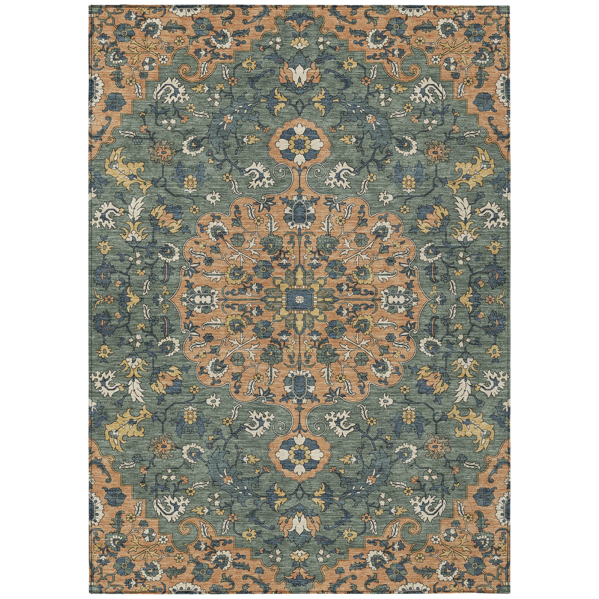 5' X 8' Copper And Sage Floral Medallion Washable Indoor Outdoor Area Rug - Sports & Outdoor