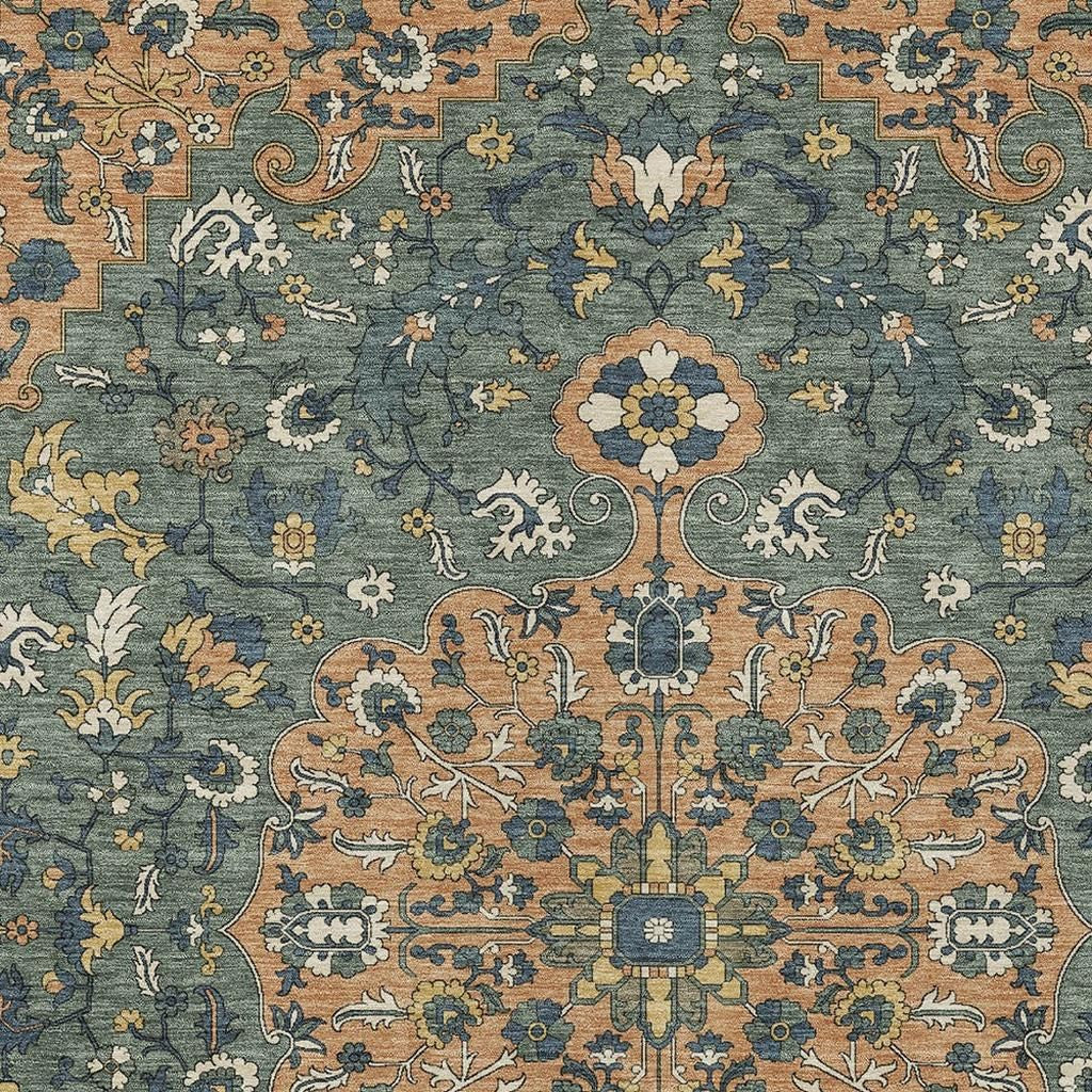 5' X 8' Copper And Sage Floral Medallion Washable Indoor Outdoor Area Rug - Sports & Outdoor