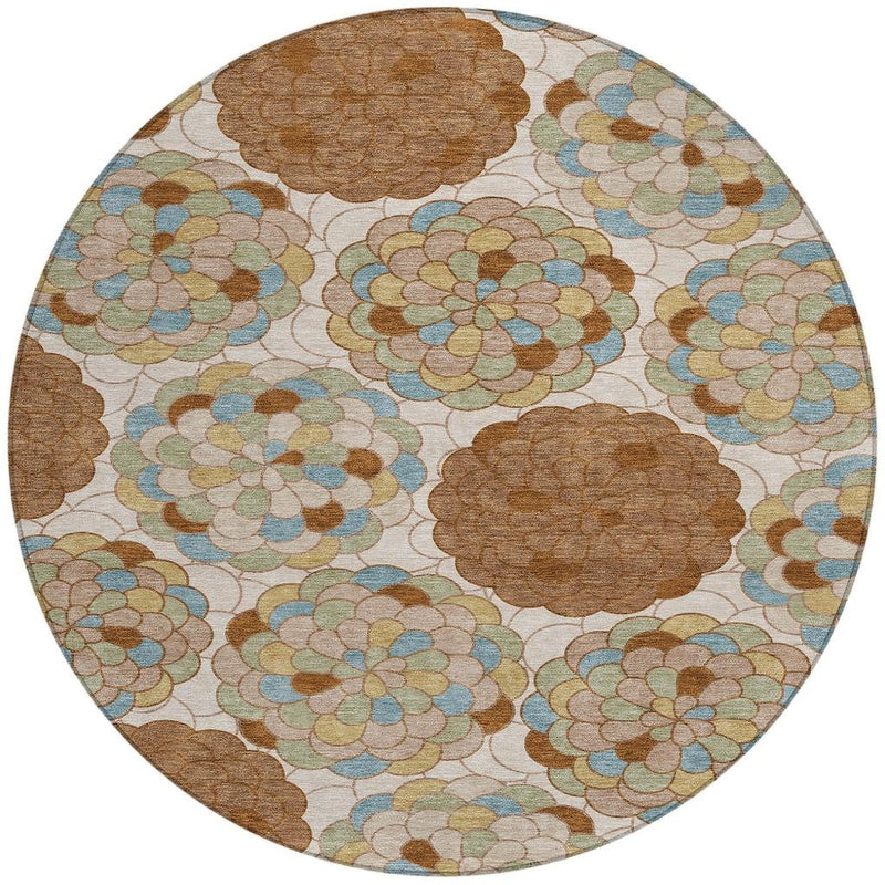 Round rug close view: brown, blue, and green flower medallions on cream