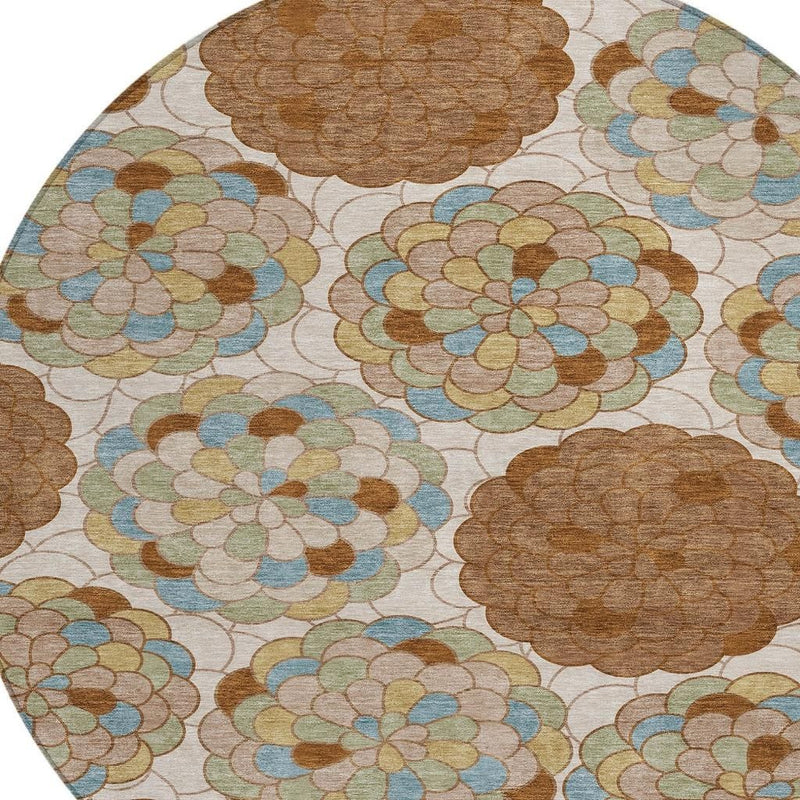 Round rug top view with cream base and dense multicolor flower clusters