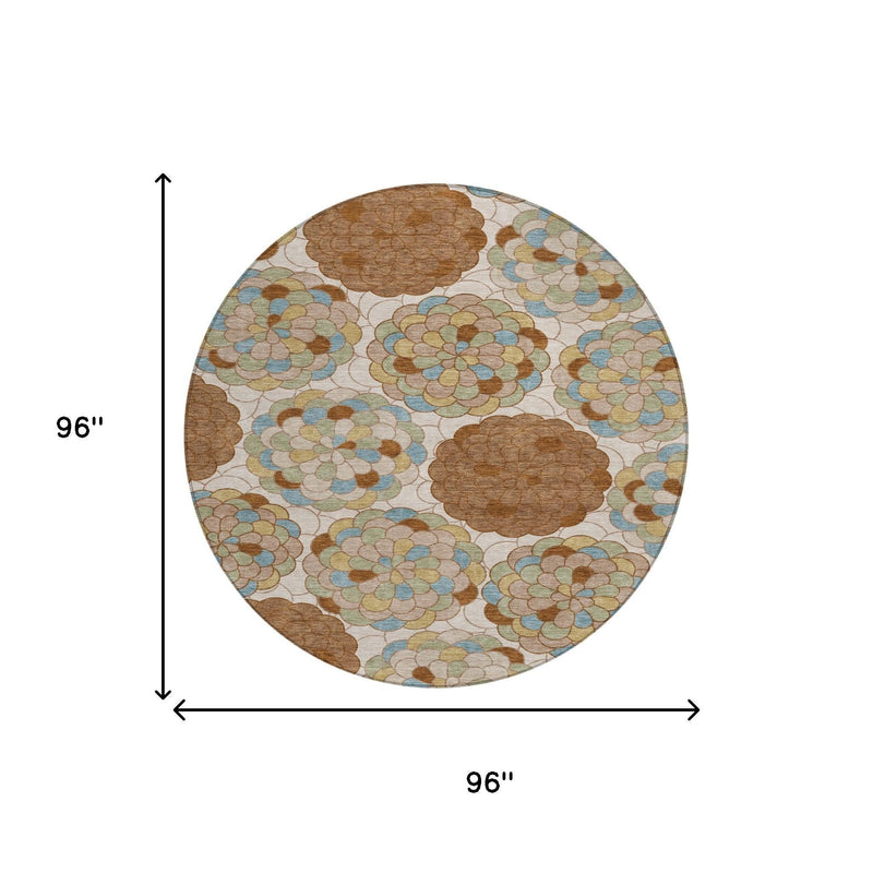 96-inch round rug with multicolor floral and leaf shapes on cream background