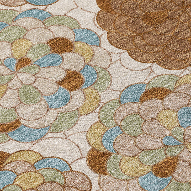 Round area rug with cream base and multicolor floral medallion pattern