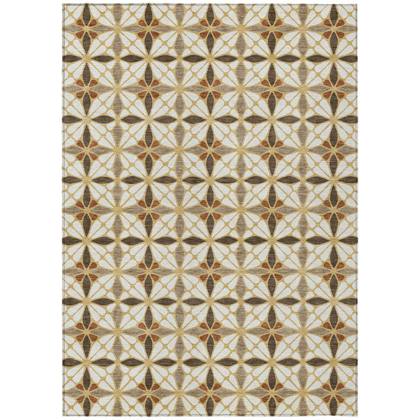 3 x 5 ft geometric area rug with gold, orange, and dark brown starburst pattern