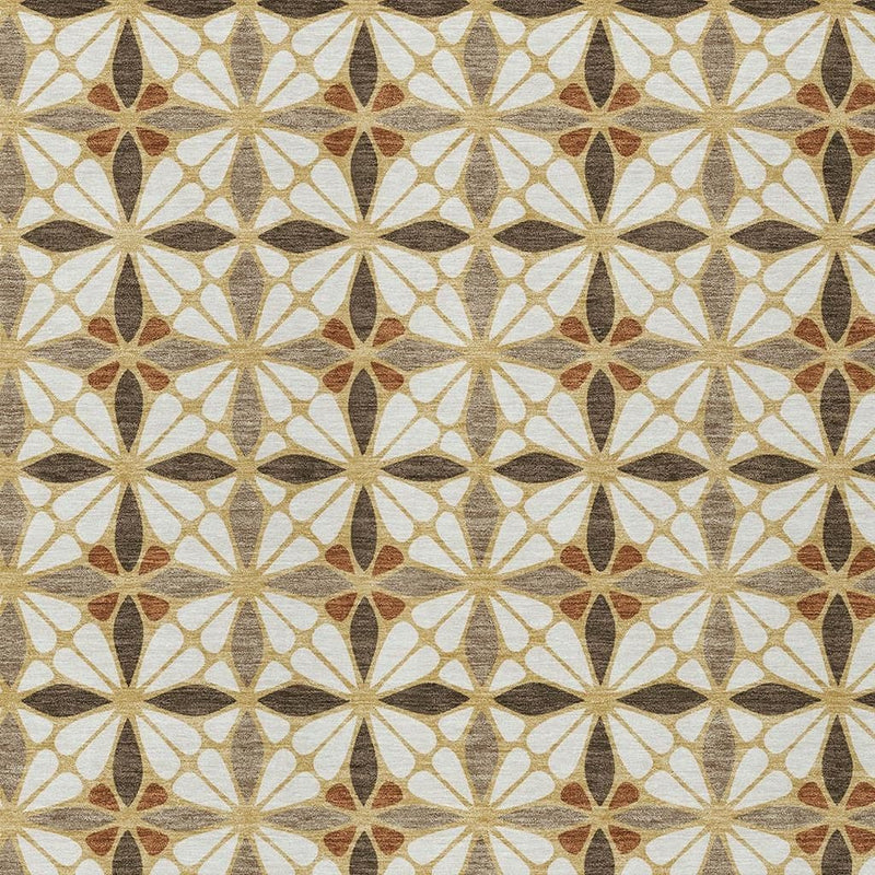 Geometric area rug with cream background and repeating gold, orange, and dark brown medallions