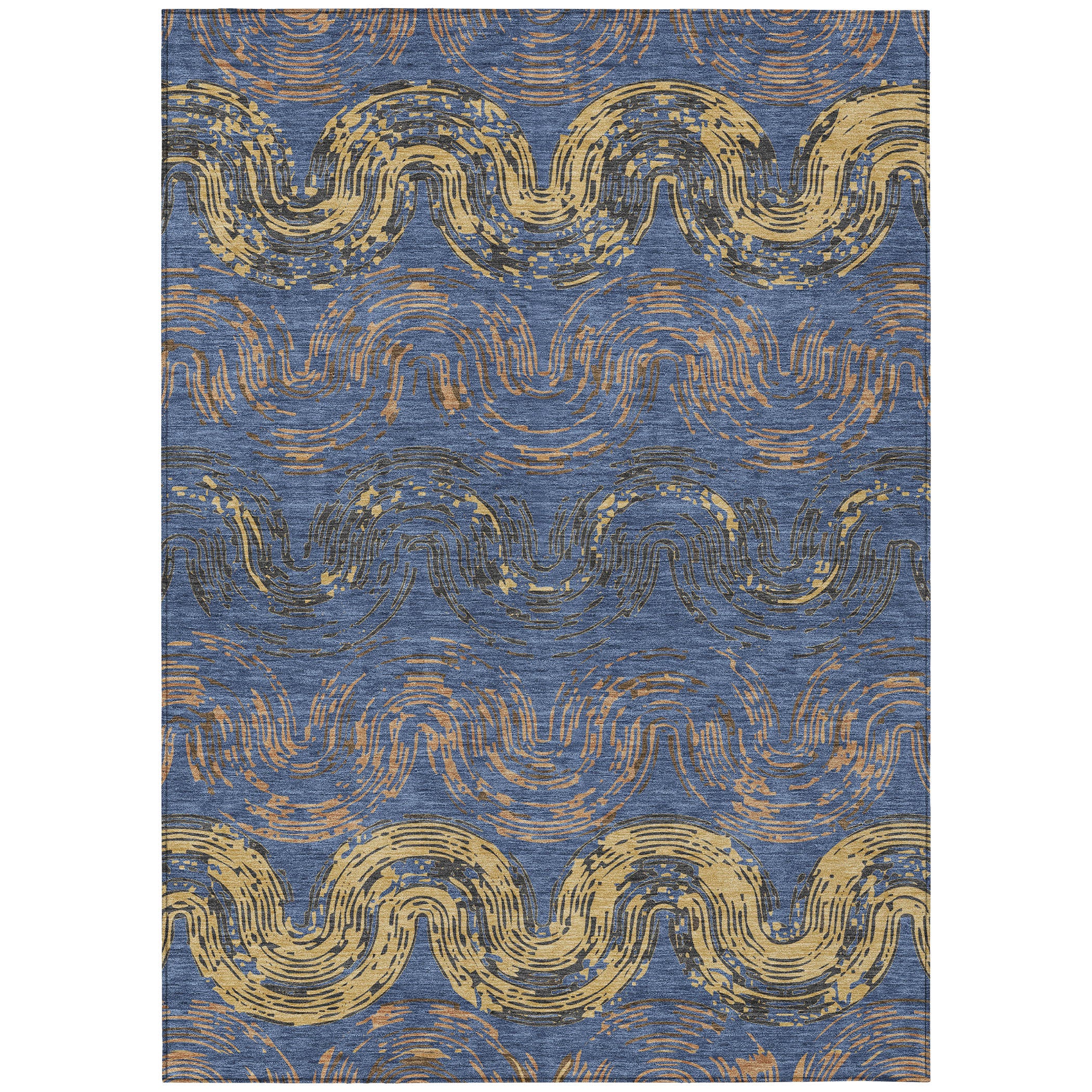 5' X 8' Navy Blue And Gold Abstract Washable Indoor Outdoor Area Rug - Sports & Outdoor