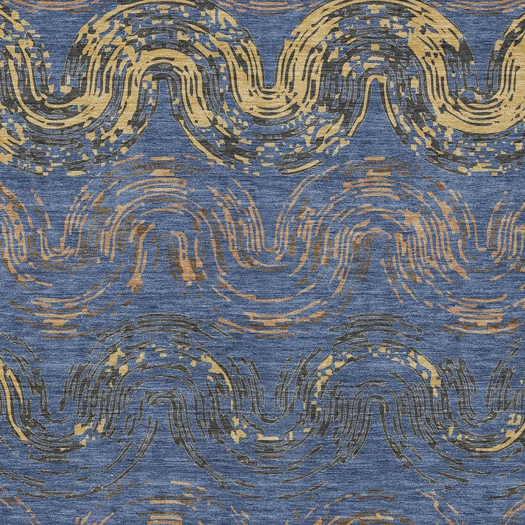 5' X 8' Navy Blue And Gold Abstract Washable Indoor Outdoor Area Rug - Sports & Outdoor