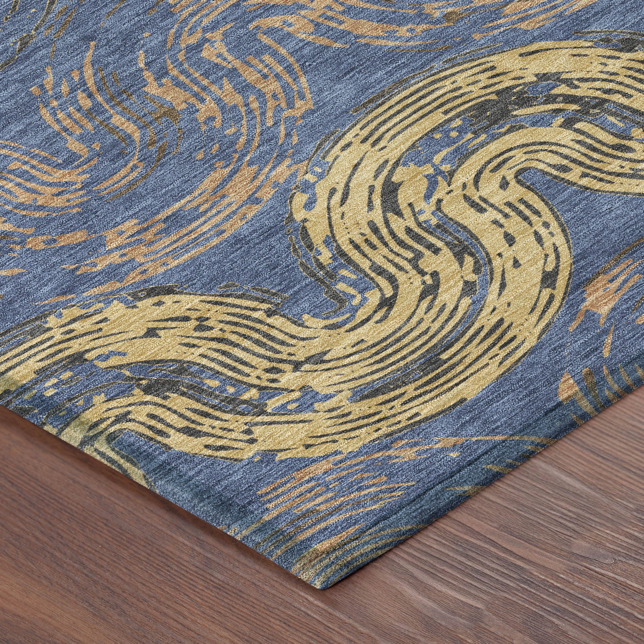 5' X 8' Navy Blue And Gold Abstract Washable Indoor Outdoor Area Rug - Sports & Outdoor