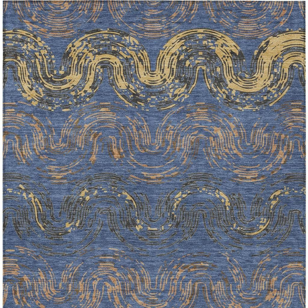 5' X 8' Navy Blue And Gold Abstract Washable Indoor Outdoor Area Rug - Sports & Outdoor