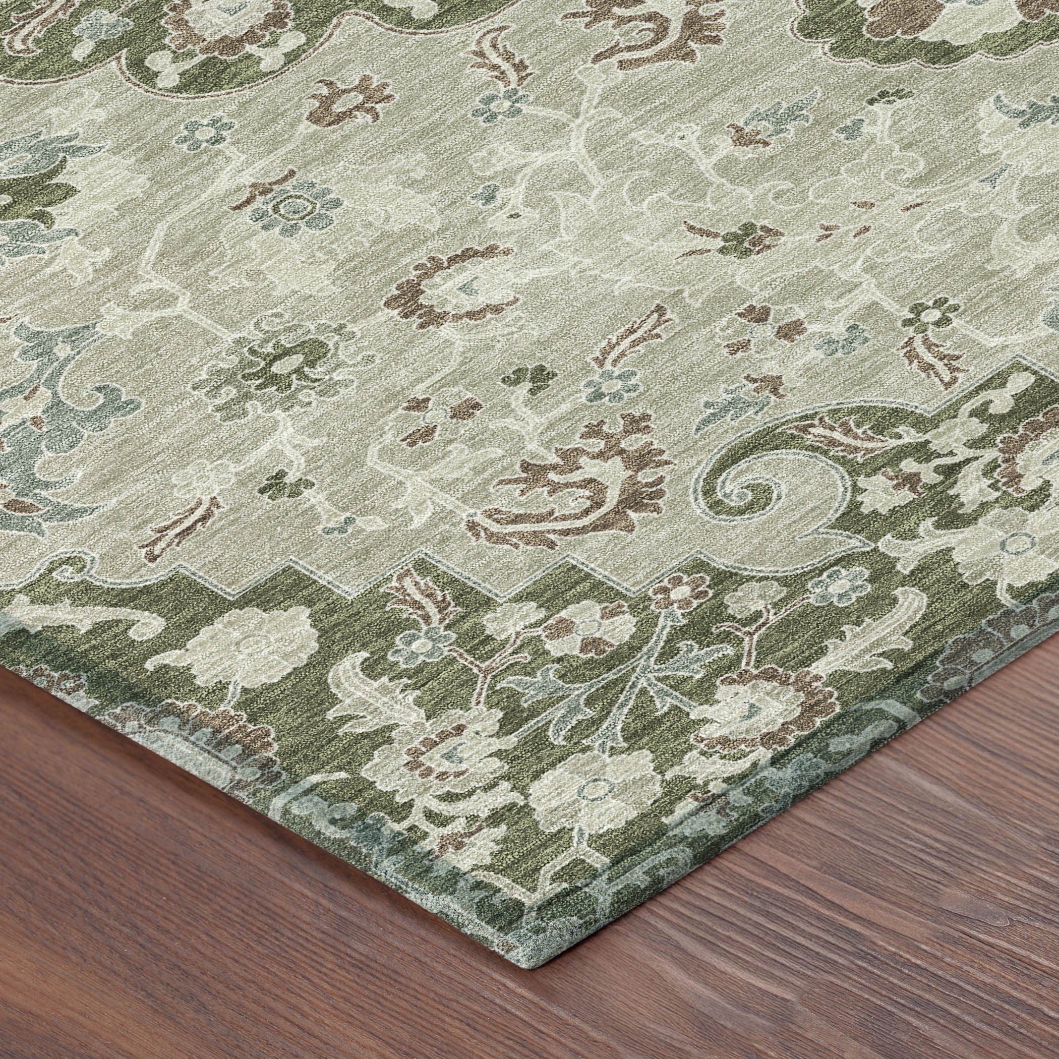 10' X 14' Olive Green And Sage Floral Medallion Washable Indoor Outdoor Area Rug - Sports & Outdoor