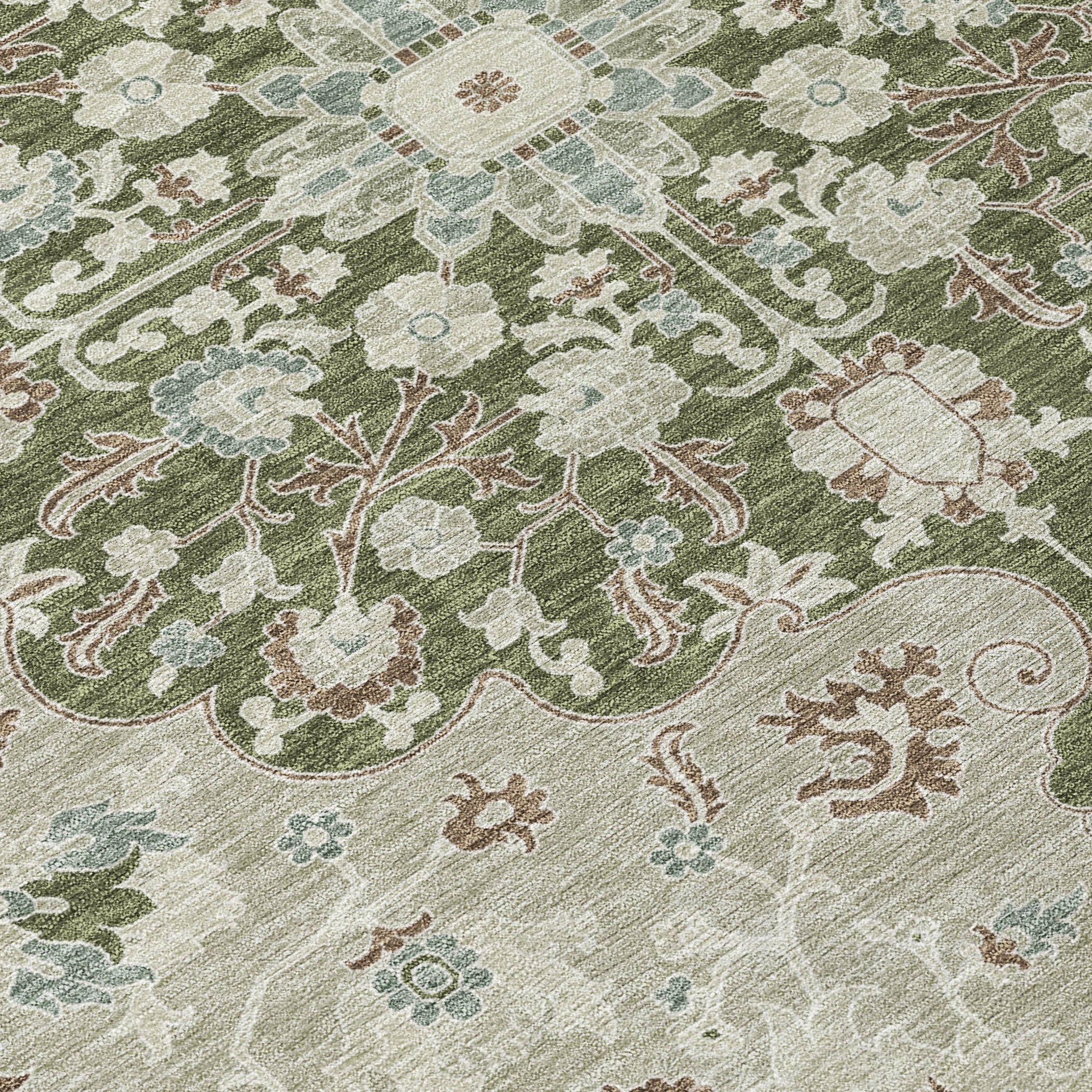 10' X 14' Olive Green And Sage Floral Medallion Washable Indoor Outdoor Area Rug - Sports & Outdoor
