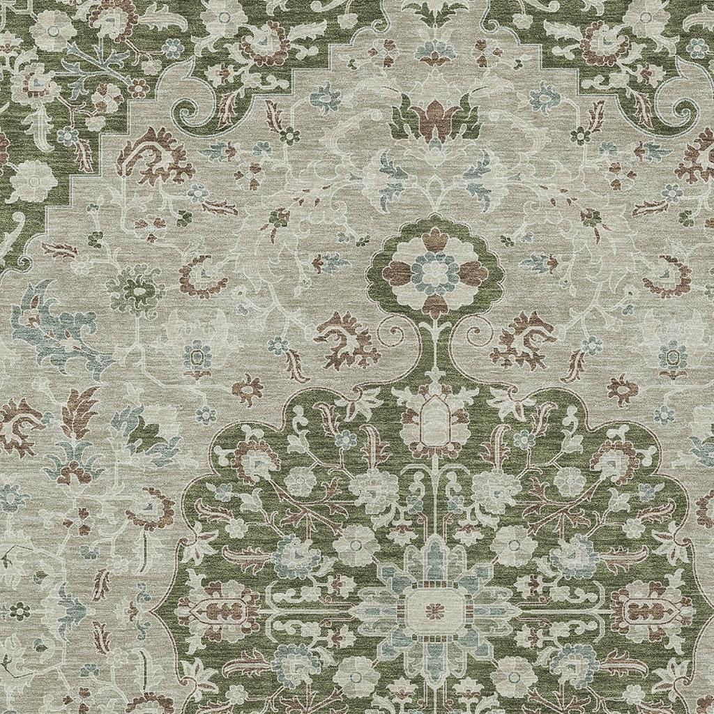 10' X 14' Olive Green And Sage Floral Medallion Washable Indoor Outdoor Area Rug - Sports & Outdoor