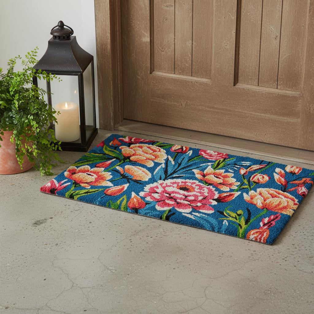 18" X 30" Blue and Pink Coir Floral Outdoor Door Mat - Home & Garden