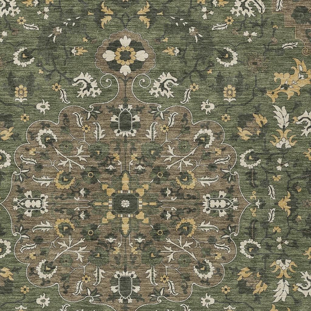 5' X 8' Brown And Ivory Floral Medallion Washable Indoor Outdoor Area Rug - Sports & Outdoor