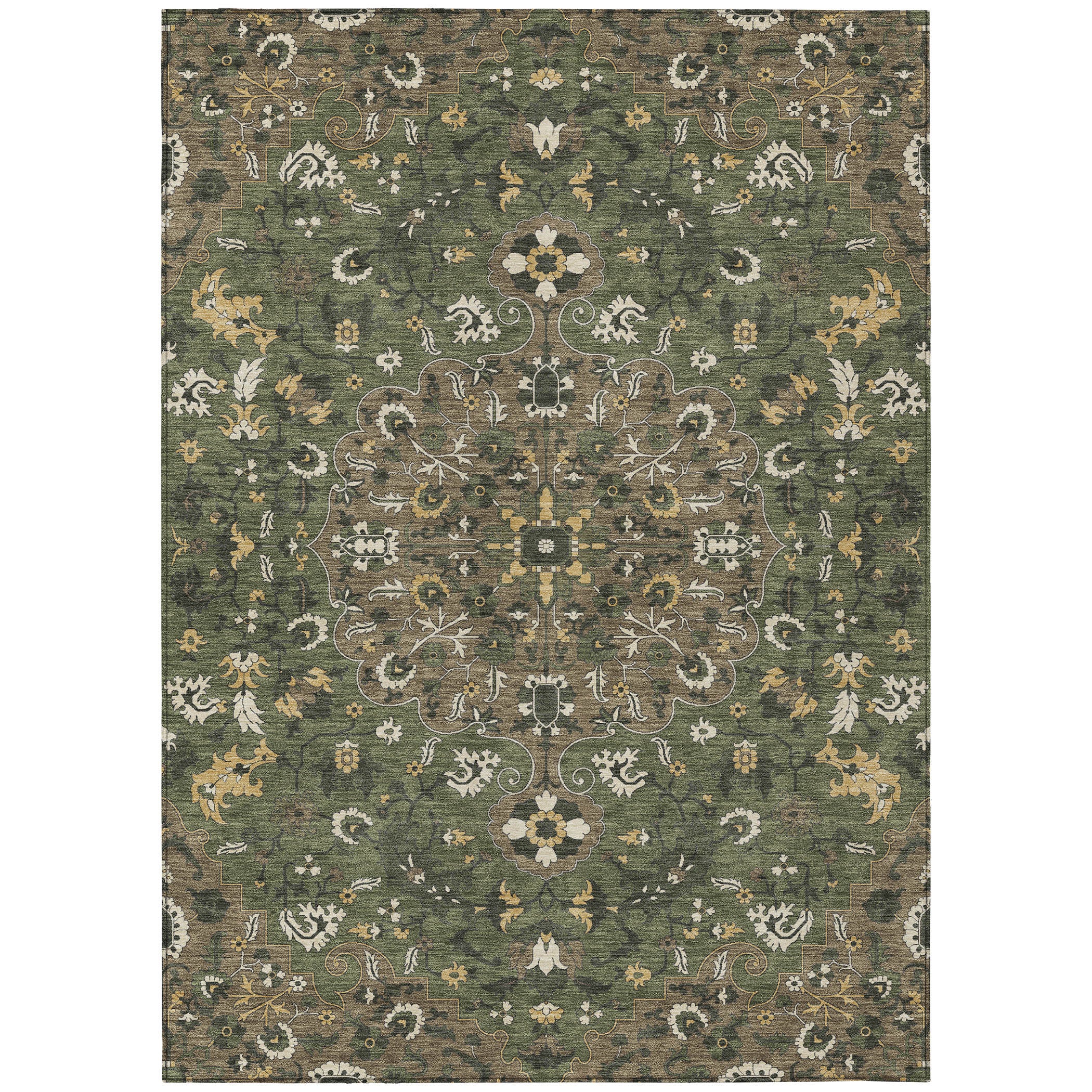 5' X 8' Brown And Ivory Floral Medallion Washable Indoor Outdoor Area Rug - Sports & Outdoor