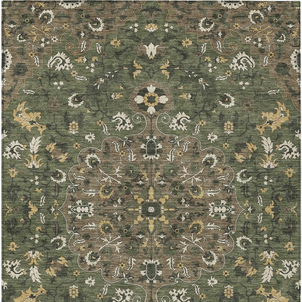 5' X 8' Brown And Ivory Floral Medallion Washable Indoor Outdoor Area Rug - Sports & Outdoor