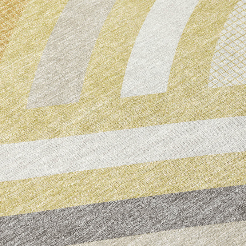 Abstract area rug with diagonal wheat and gold stripes, gray accents, and off-white bands
