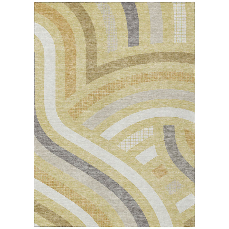 Rectangular abstract area rug with wheat, gold, off-white, and dark gray geometric design