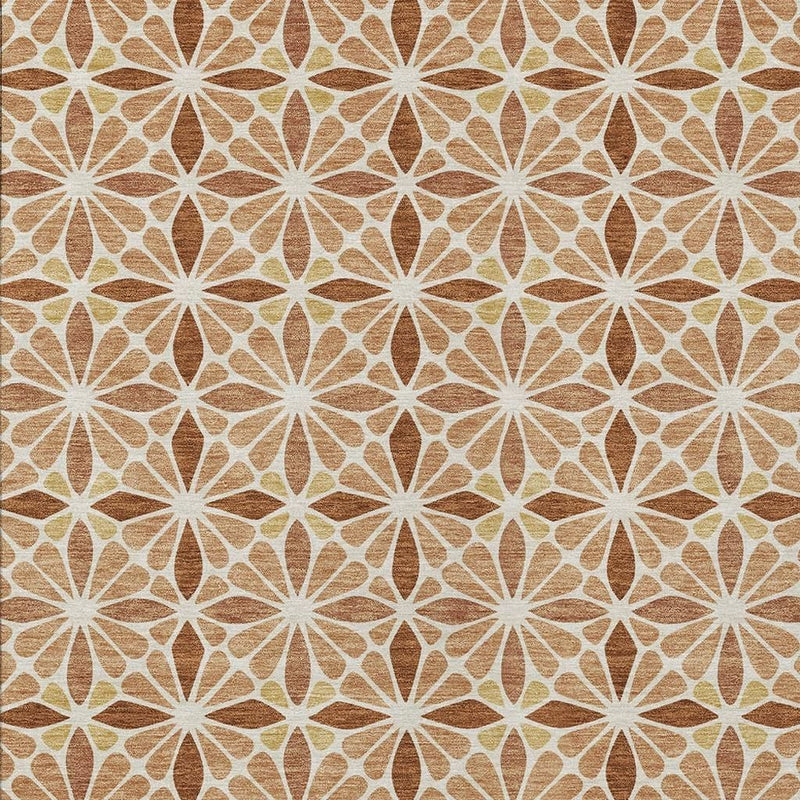 Geometric indoor outdoor rug featuring repeating white starburst motifs on copper ground.