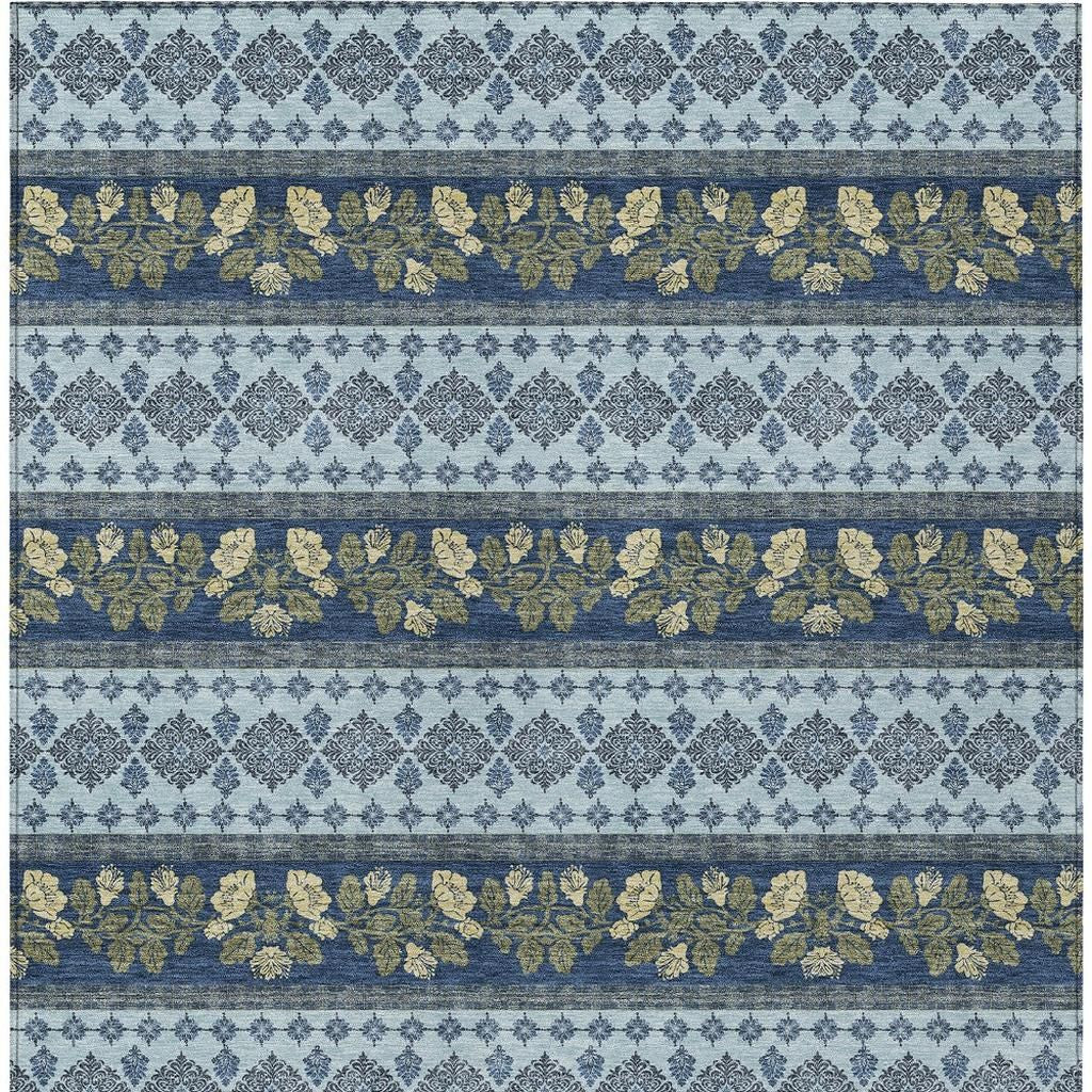 10' X 14' Navy Blue And Sky Blue Striped Washable Indoor Outdoor Area Rug - Sports & Outdoor
