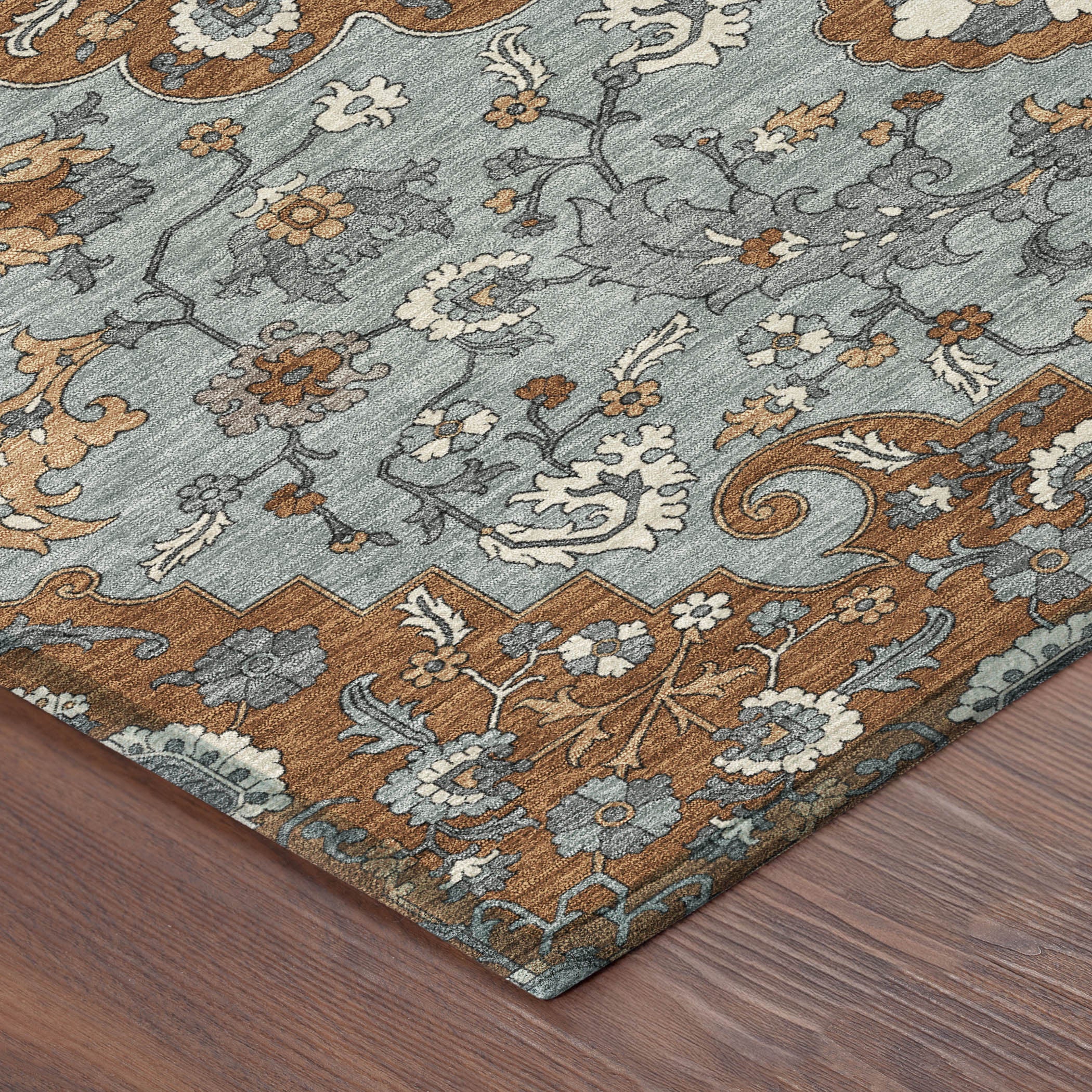 3' X 5' Orange And Gray Floral Medallion Washable Indoor Outdoor Area Rug - Sports & Outdoor