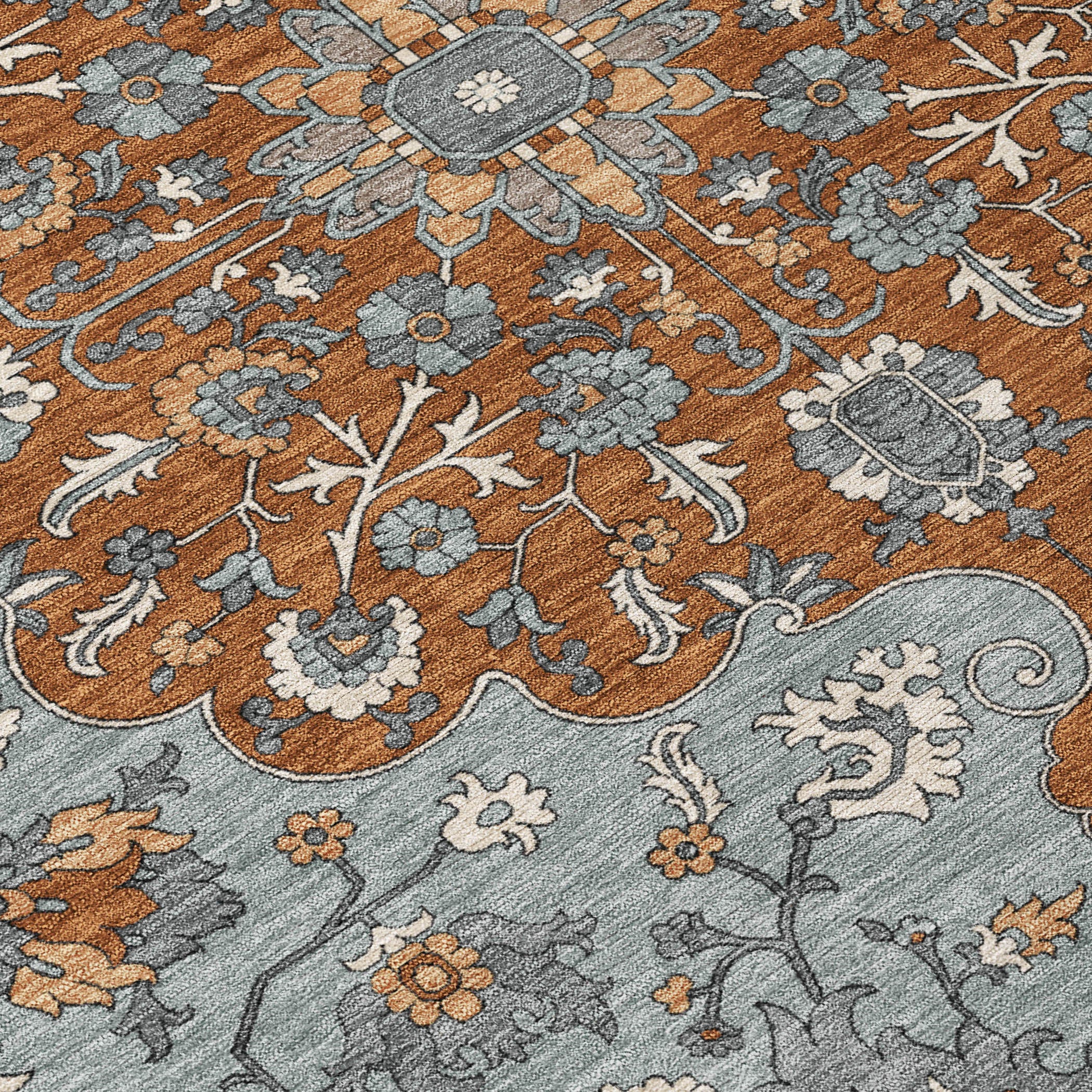3' X 5' Orange And Gray Floral Medallion Washable Indoor Outdoor Area Rug - Sports & Outdoor