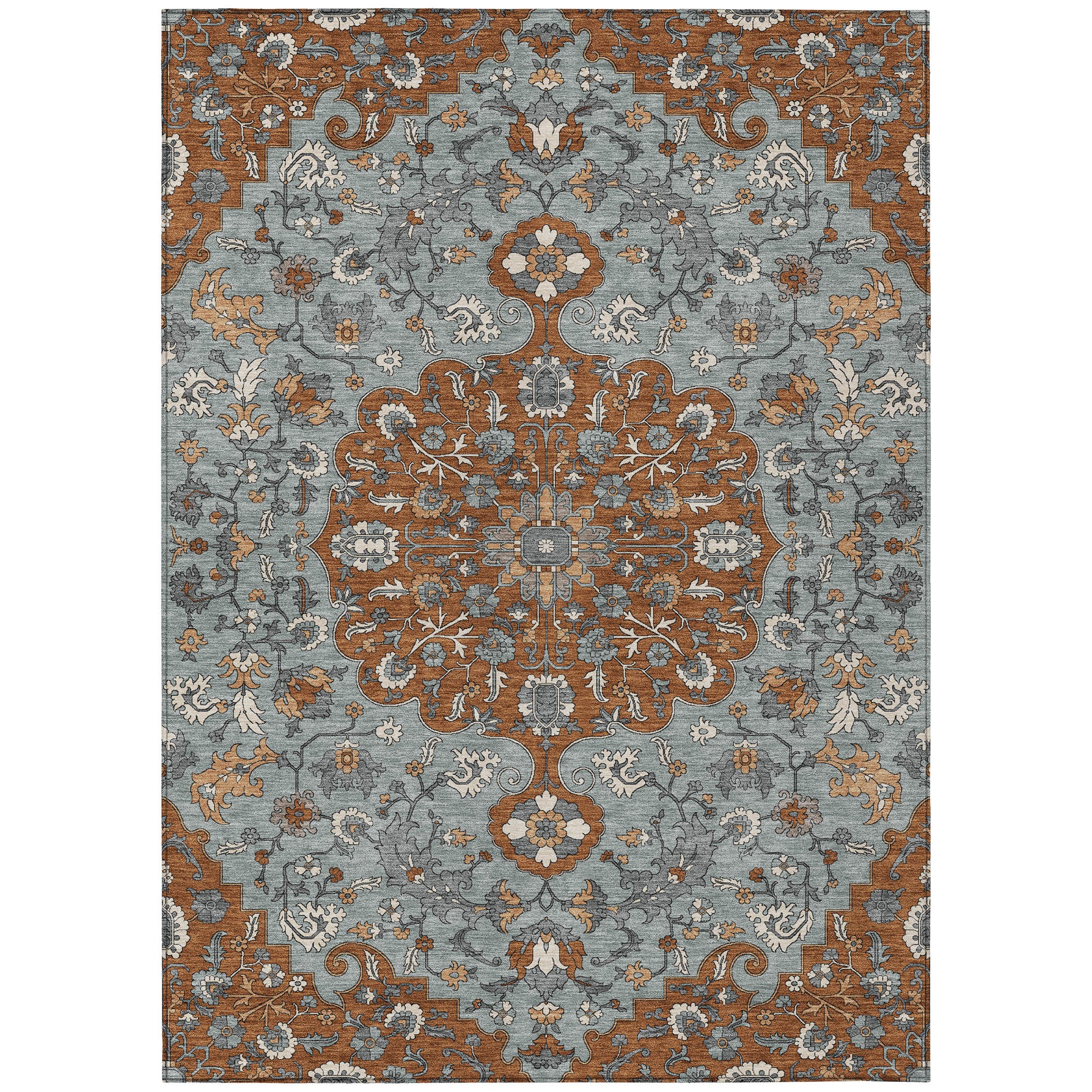 3' X 5' Orange And Gray Floral Medallion Washable Indoor Outdoor Area Rug - Sports & Outdoor