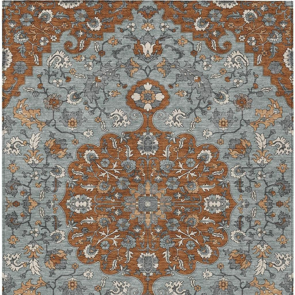 3' X 5' Orange And Gray Floral Medallion Washable Indoor Outdoor Area Rug - Sports & Outdoor