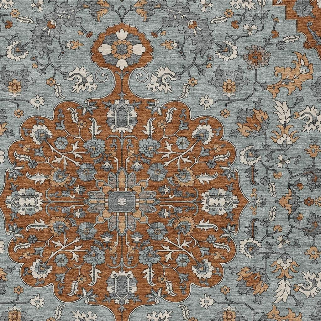 3' X 5' Orange And Gray Floral Medallion Washable Indoor Outdoor Area Rug - Sports & Outdoor