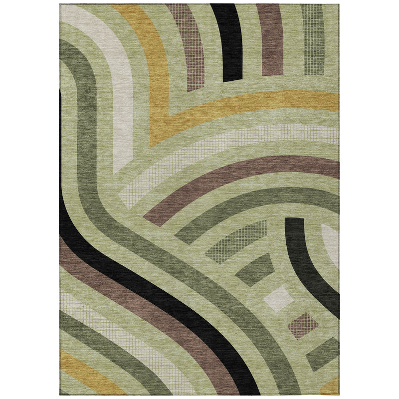 Abstract indoor outdoor area rug in light green, olive, tan, brown, and black arches.