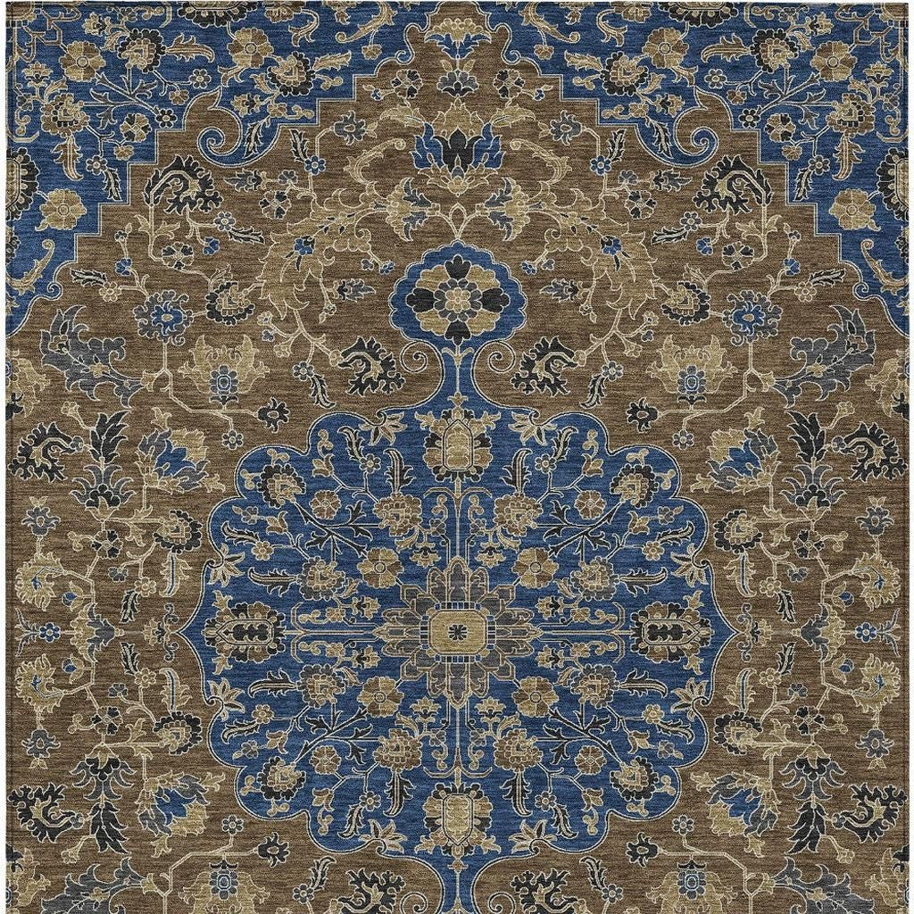 3' X 5' Navy Blue And Brown Floral Medallion Washable Indoor Outdoor Area Rug - Sports & Outdoor