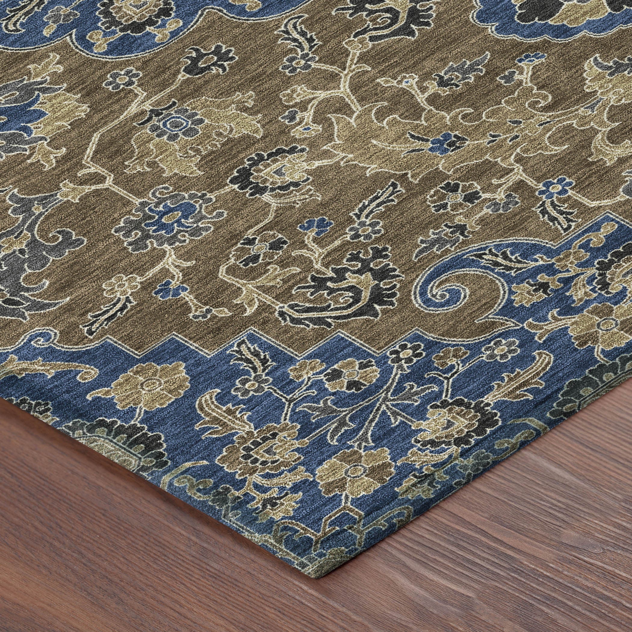 3' X 5' Navy Blue And Brown Floral Medallion Washable Indoor Outdoor Area Rug - Sports & Outdoor